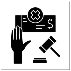 Voluntary bankruptcy glyph icon. Insolvent debtor brings petition to court to declare bankruptcy. Unable to pay off debts.Bankruptcy concept.Filled flat sign. Isolated silhouette vector illustration