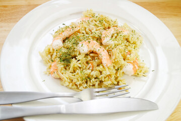 Close Up of Shrimp Scampi with Wild Rice and Vermicelli	