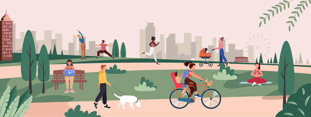 People doing various outdoor activities in park. Running, cycling, walking the dog, exercising, meditating. Men and women doing summer outdoor activities. Vector illustration of healthy lifestyle.