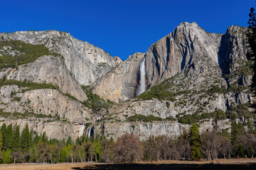 Sunny view of the upper Yosemite Falls of Yosemite National Park