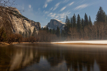 Night view of the half dome and merced river landscape of Yosemite National Park