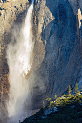 Sunny view of the upper Yosemite Falls of Yosemite National Park