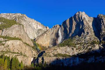 Sunny view of the upper Yosemite Falls of Yosemite National Park