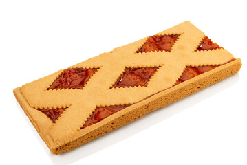 Square jam tart, pie crostata with apricot jam isolated on white, clipping path