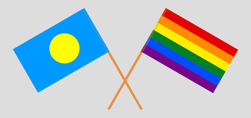 Crossed flags of Palau and LGBTQ. Official colors. Correct proportion