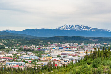 City of Whitehorse in Yukon Territory, capital city in Canada. During summer time with snow capped...