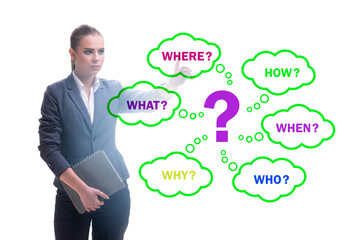 Concept of many different questions asked with businesswoman