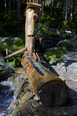 Detail eines schönen Holzbrunnen. Oberhalb von Bramberg und Neukirchen, in Österreich.