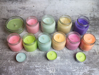 wax in jars, colored wax in jars, soy wax, soy candles, aromatherapy, handmade, handmade candles, handmade soy candles, pastel colors, background