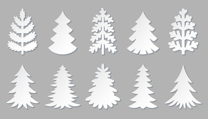 Paper cut christmas tree origami sticker flat set. Abstract collection tree 3d model template. Blank banner label badge simple variety shape. Holiday decoration handmade crafts winter object isolated
