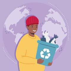 man with plastic bin to recycle