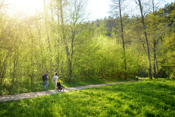 Young family of three walking in a park with a toddler in a pushchair. Girl pushing a stroller for infant brother.