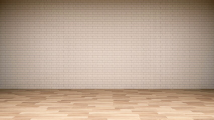 Empty room with white brick wall and wooden parquet floor