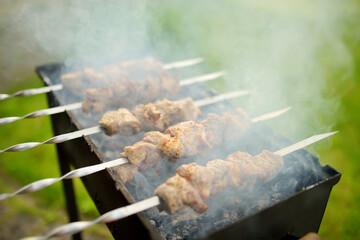 Chicken kabobs grilled on metal skewers outdoors
