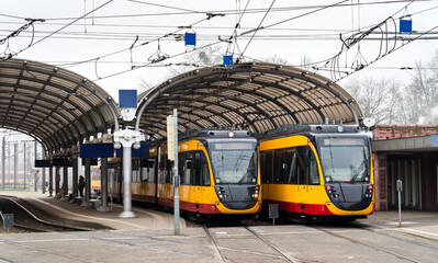 Tram-trains at Albtalbahnhof Station in Karlsruhe, Germany