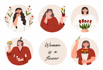 Set cute women with spring flowers in circles