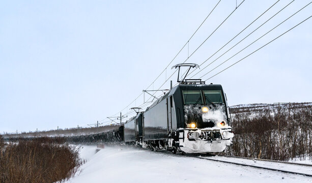 Iron ore train at Abisko in Swedish Lapland in winter