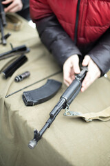 Military training in Russia. Assembly of machine. Lesson in military skills.