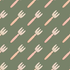 cute spring gardening pattern for kids - little pink rake on green background