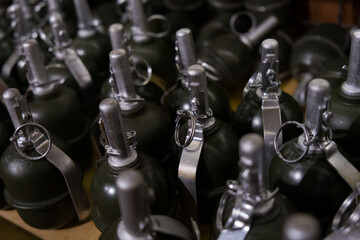 Fototapeta premium Hand grenades at a military warehouse in Ukraine