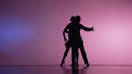 Elements of Argentine tango performed by pair of dancers. Silhouettes of man and woman dancing latin dance choreography in studio with blue pink background. Slow motion ready, 4K at 59.94fps.