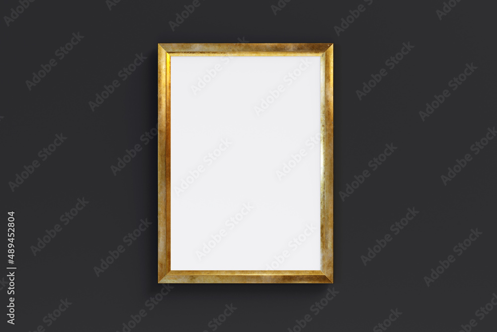 Poster golden rectangle frame isolated on black background. 3d render. 3d illustration.