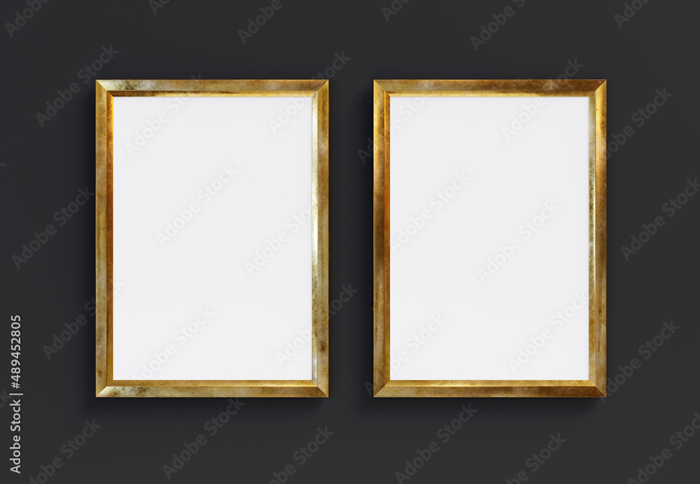 Poster two golden rectangle frames isolated on black background. 3d render. 3d illustration.