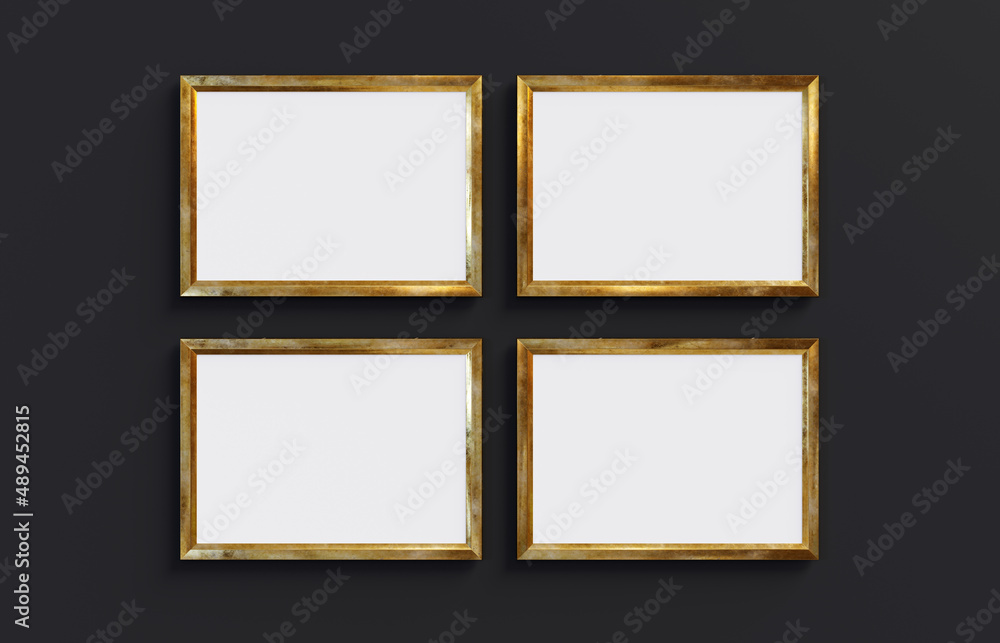 Poster four golden rectangle frames isolated on black background. 3d render. 3d illustration.