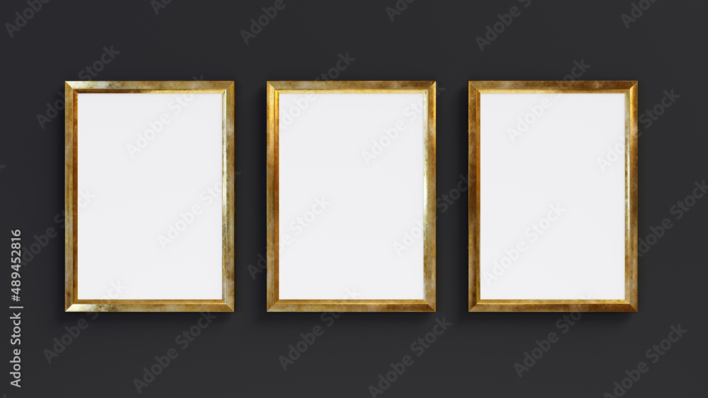 Aufkleber three golden rectangle frames isolated on black background. 3d render. 3d illustration.