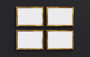 Four golden rectangle frames isolated on black background. 3D render. 3D illustration.