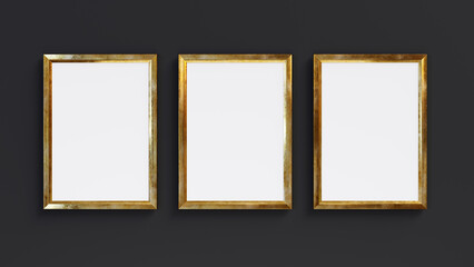 Three golden rectangle frames isolated on black background. 3D render. 3D illustration.