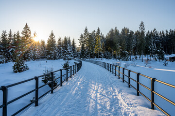 Sunny winter evenign at water dam