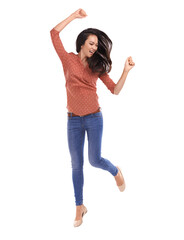 Sometimes you just gotta move. Studio shot of a young woman jumping for joy isolated on white.