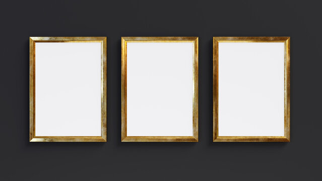 Three golden rectangle frames isolated on black background. 3D render. 3D illustration.