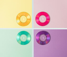 Retro color mini discs. Flat lay. Minimum concept 90 '