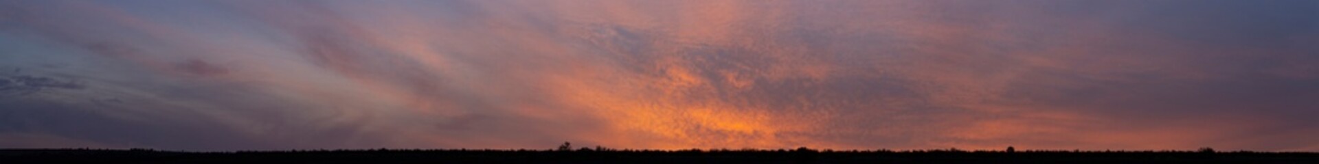 The evening sunset. Panorama. Purple clouds. Tragic gloomy sky.