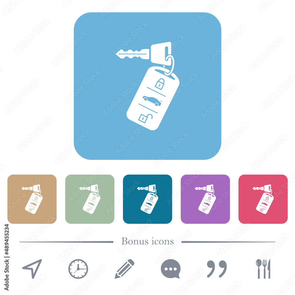 Poster car key with remote control flat icons on color rounded square backgrounds
