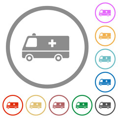 Ambulance car side view flat icons with outlines