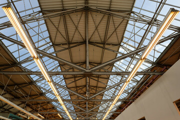 interior view of the roof construction of a factory hall from the late 19th century in cologne