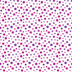 Vintage levendige roze violet Polka Dot naadloze patroon. Veelkleurige onregelmatige willekeurig geplaatste vlekken, verspreide stippen. Abstracte vectorachtergrond voor kinderkamerontwerp, modedruk, textiel, stof