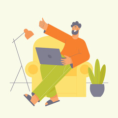 Young happy man with laptop sitting in armchair and showing thumbs up. Working from home concept. Flat character vector illustration.