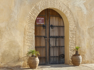 Doorway with terracotta pots and plants growing
