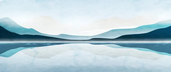 Zelfklevend Fotobehang Minimalistische aquarel kunst achtergrond met bergen en zee. Landschapsbanner in blauwe kleuren voor interieurdecoratie, design, behang © VectorART