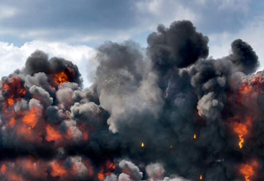 orange flames and black smoke fill a blue sky after an explosion