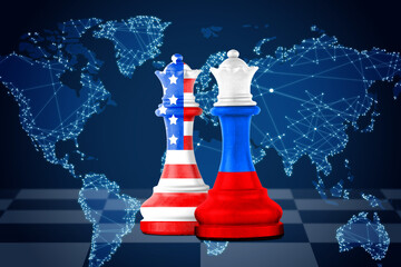 Chess pieces in color of Russian and American flags against world map