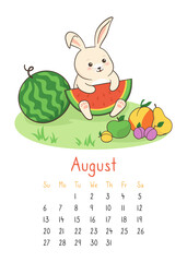 Calendar 2023 with rabbit, calendar page august planner organizer. Bunny with watermelon, fruit summer poster. Character hare mascot symbol year. Cartoon outline design template, month poster vector
