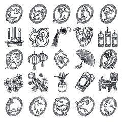 Chinese New Year Accessories and Symbols Set Icon Vector