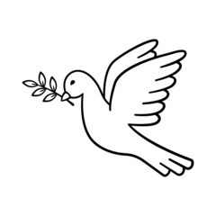 Dove of peace. Hand drawn pigeon flying with olive branch. Bird is symbol of peace and freedom in simple doodle line style. Isolated vector illustration.