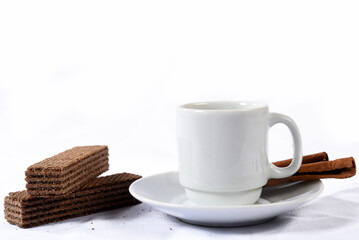 table with coffee cup with cookies cheese breakfast snack