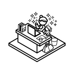 在宅ワーク　子育て　忙しい　アイソメトリック